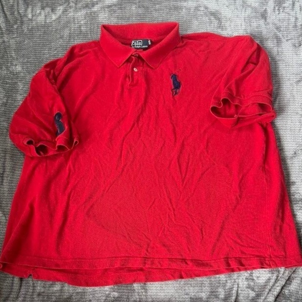 Vintage Polo Ralph Lauren Mens Red Short Sleeve Polo Shirt Blue Big Pony 3XL‎